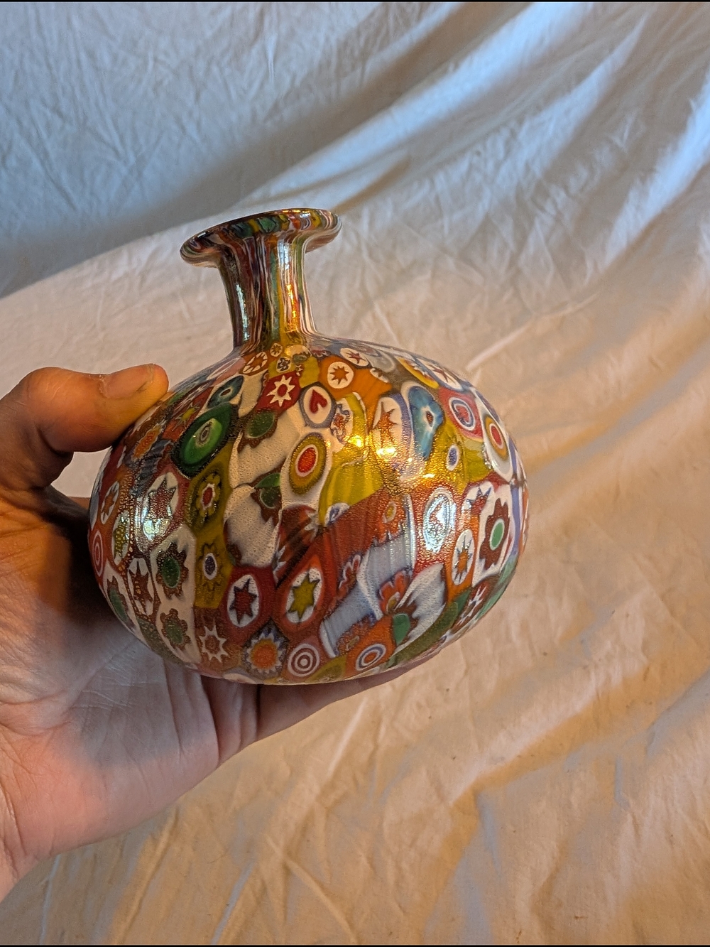 Murano Multicolor Millefiori Glass Vase with Green and Orange Accents - Picture 4 of 7